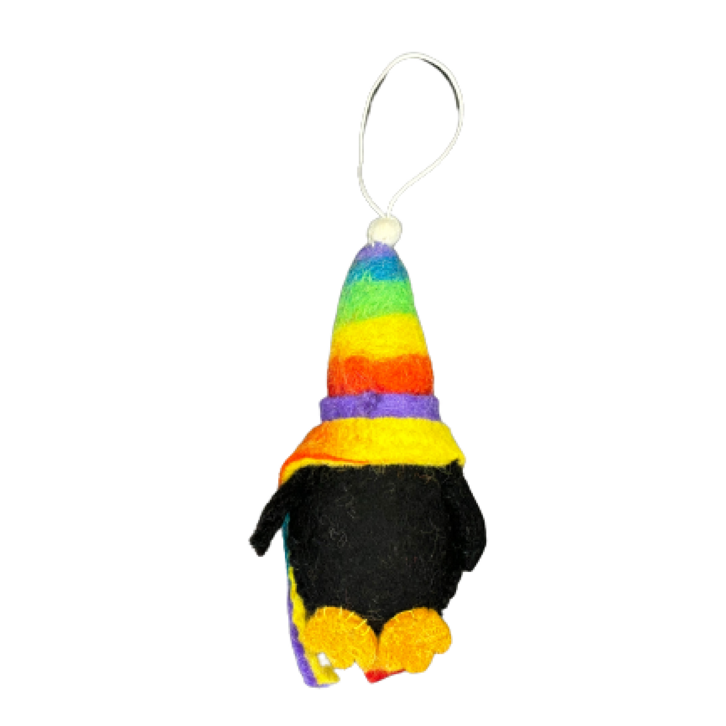 This Global Groove Life, handmade, ethical, fair trade, eco-friendly, sustainable, black and white penguin with colorful rainbow hat and scarf, 100% New Zealand wool felt ornament was created by artisans in Kathmandu Nepal and will be a beautiful addition to your Christmas tree this holiday season.