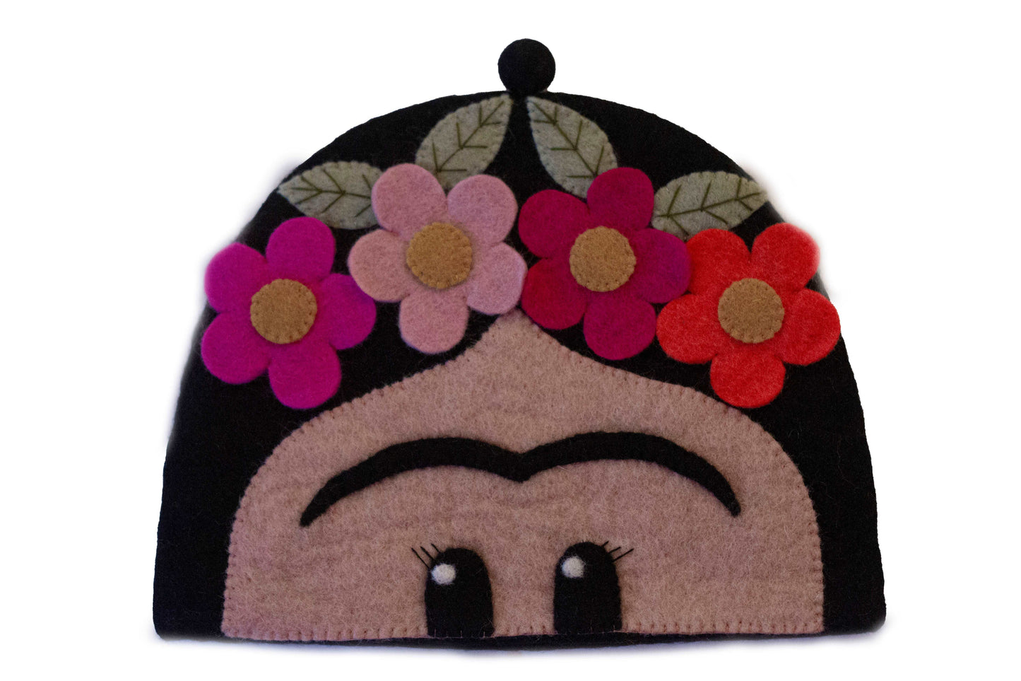 This Global Groove Life, handmade, Fair Trade, 100% New Zealand Wool, black, pink, orange, & green Felt Tea Cozy with Frida & flower motif, will keep your tea warm on chilly mornings and brighten your kitchen with color and whimsy.