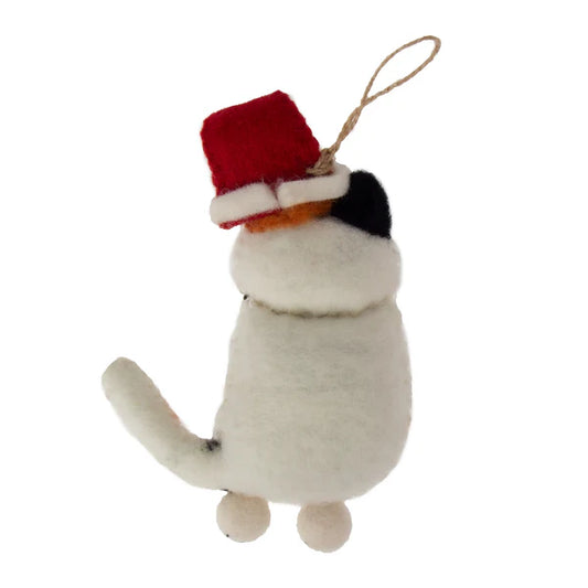 This Global Groove Life, handmade, ethical, fair trade, eco-friendly, sustainable, 100% New Zealand Wool, black and white, orange and red, felt kitty ornament with Santa hat was created by artisans in Kathmandu Nepal and will be a beautiful addition to your Christmas tree this holiday season.