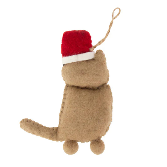 This Global Groove Life, handmade, ethical, fair trade, eco-friendly, sustainable, 100% New Zealand Wool, ginger felt kitty ornament with Santa hat was created by artisans in Kathmandu Nepal and will be a beautiful addition to your Christmas tree this holiday season.