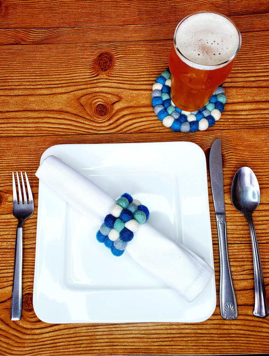 Glacier Blue Wool Felt Pom-Pom Napkin Rings