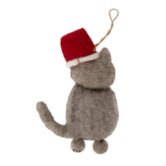 This Global Groove Life, handmade, ethical, fair trade, eco-friendly, sustainable, 100% New Zealand Wool, grey felt kitty ornament with red Santa hat was created by artisans in Kathmandu Nepal and will be a beautiful addition to your Christmas tree this holiday season.