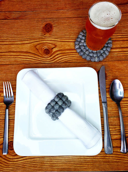 Heather Grey Wool Felt Handmade Pom-Pom Napkin Rings