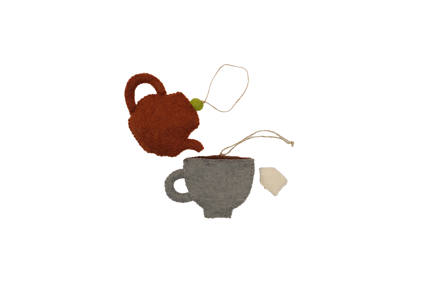 This Global Groove Life, handmade, ethical, fair trade, eco-friendly, sustainable, New Zealand wool felt, grey, blue, cinnamon & green heart teapot and teacup ornament set was created by artisans in Kathmandu Nepal and will bring colorful warmth and fun to your Christmas tree this season.