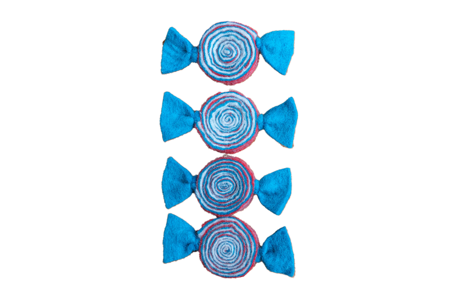 This Global Groove Life, handmade, ethical, fair trade, eco-friendly, sustainable, felt, turquoise, red, and white, retro Christmas candy ornament set was created by artisans in Kathmandu Nepal and will be a beautiful and fun addition to your Christmas tree this holiday season.