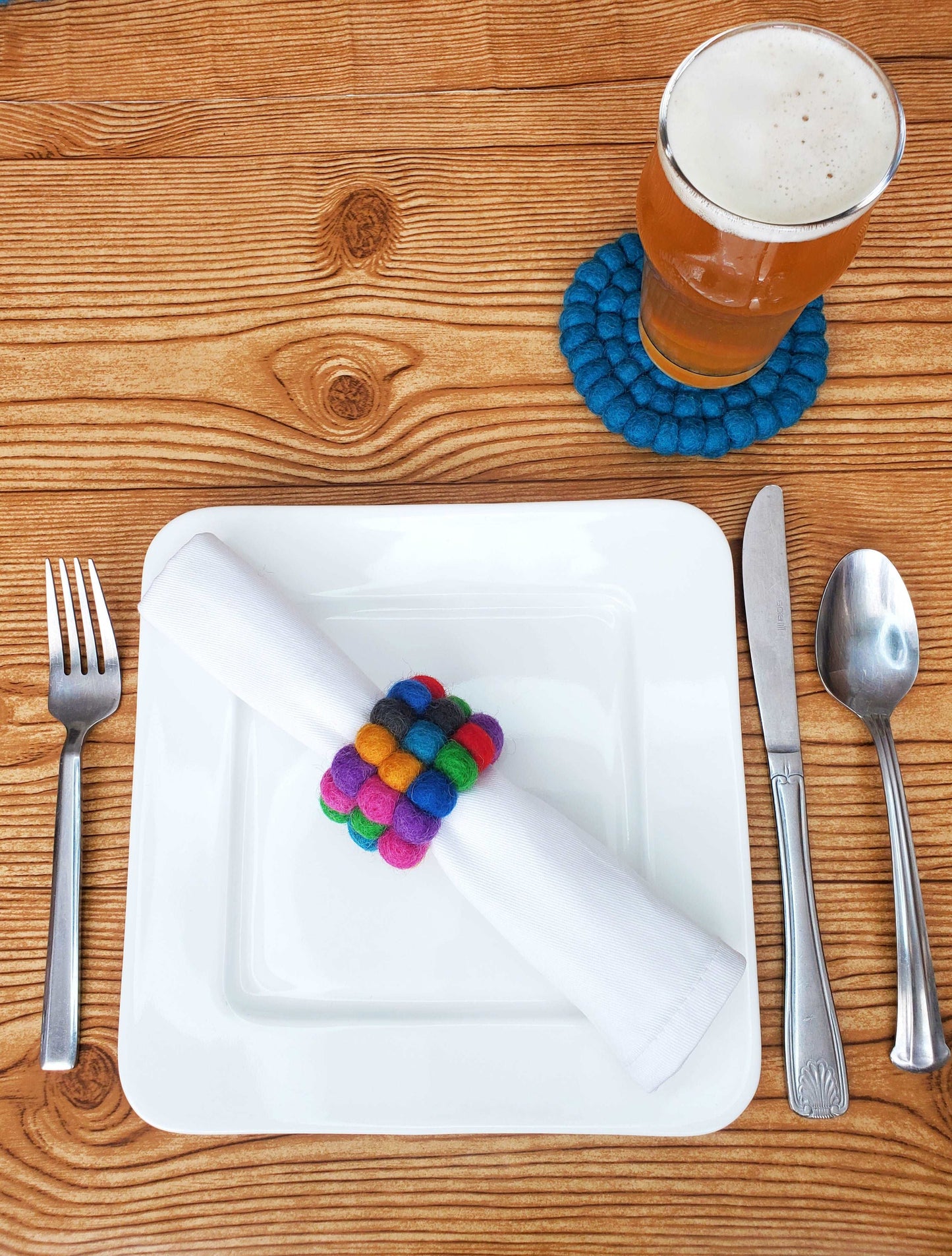 Rainbow Handmade Kaleidescope Wool Felt Pom-Pom Napkin Rings