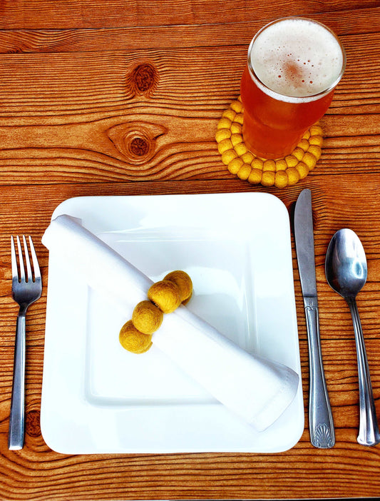 Mustard Wool Felt Handmade Pom-Pom Napkin Rings