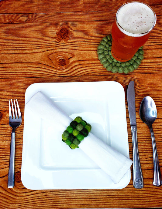 Meadow Green Wool Felt Handmade Pom-Pom Napkin Rings