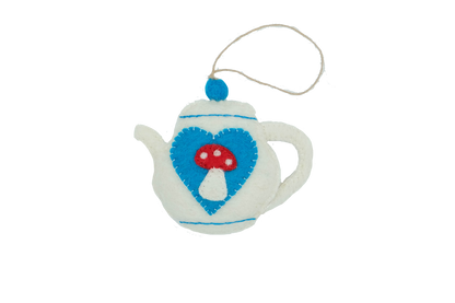 This Global Groove Life, handmade, ethical, fair trade, eco-friendly, sustainable, felt, teapot ornament with red mushroom and blue heart motif, was created by artisans in Kathmandu Nepal and will be a beautiful addition to your Christmas tree this holiday season.