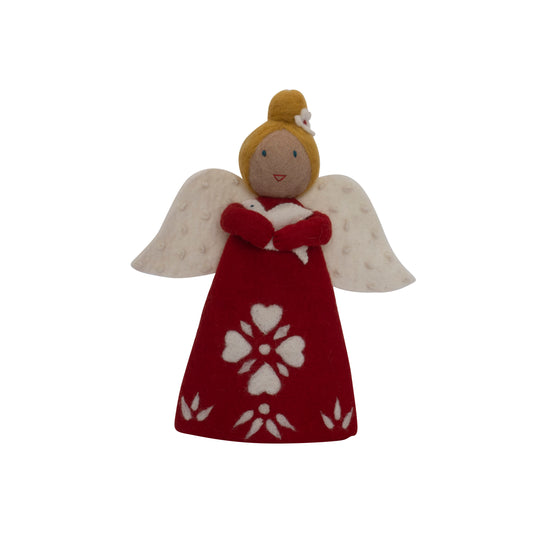 This Global Groove Life, handmade, ethical, fair trade, eco-friendly, sustainable, red & white felt, Peace Dove Angel tree topper, was created by artisans in Kathmandu Nepal and will be a brilliantly beautiful addition to your Christmas tree this holiday season.