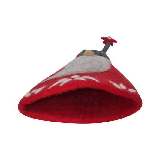 This Global Groove Life, handmade, ethical, fair trade, eco-friendly, sustainable, felt, red & grey whimsical Holiday Gnome tree topper, was created by artisans in Kathmandu Nepal and will be a brilliantly beautiful addition to your Christmas tree this holiday season.