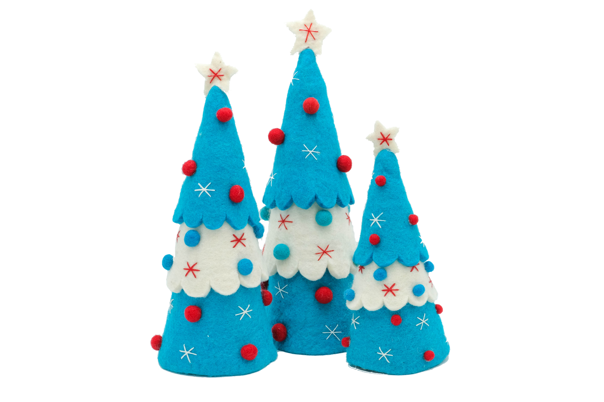 This Global Groove Life, handmade, ethical, fair trade, eco-friendly, sustainable, turquoise, white and red felt tabletop Christmas tree set was created by artisans in Kathmandu Nepal and will bring colorful warmth and fun to your home this season.
