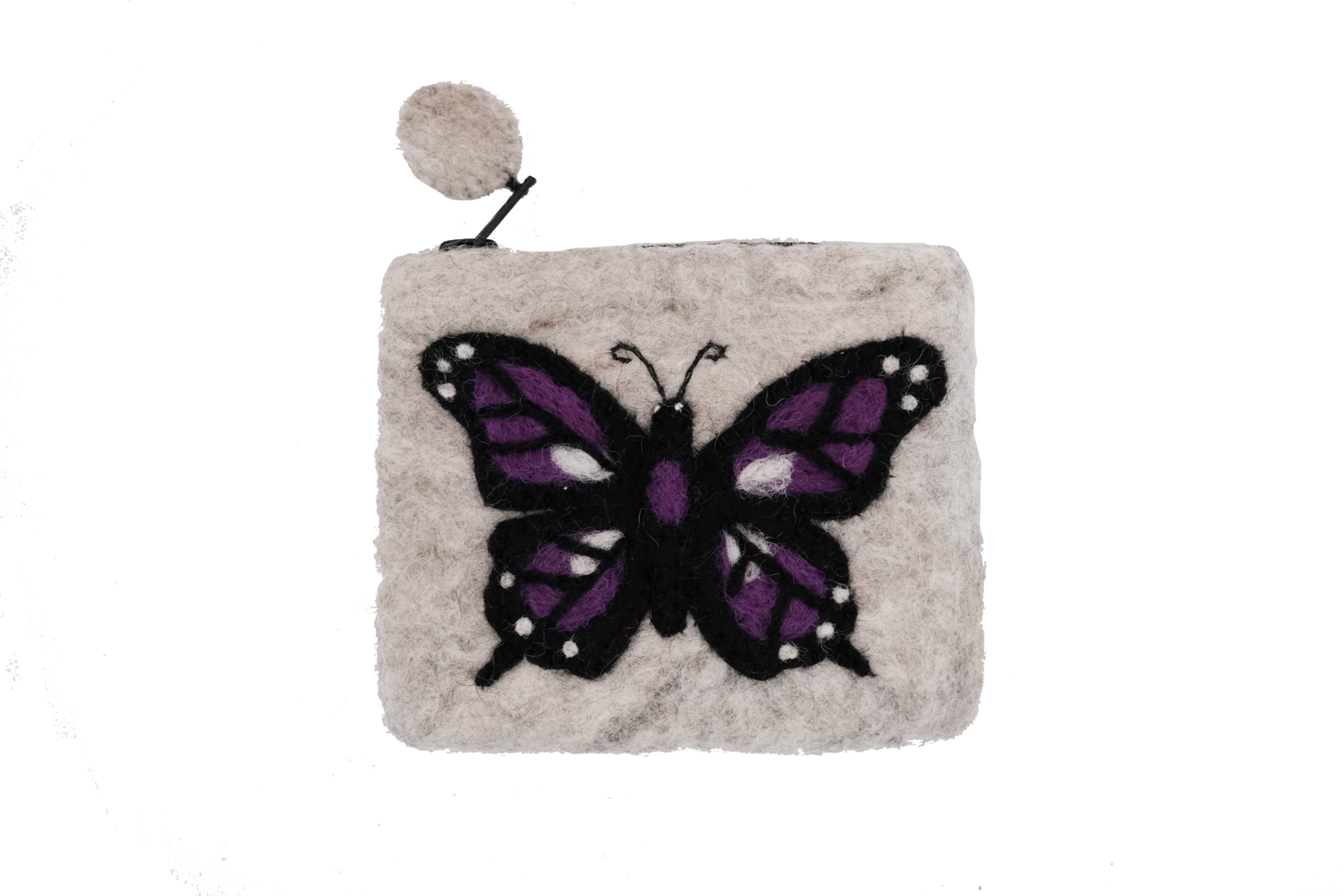 This Global Groove Life, handmade, ethical, fair trade, eco-friendly, sustainable, grey felt zipper coin pouch was created by artisans in Kathmandu Nepal and is adorned with a beautiful purple butterfly motif.