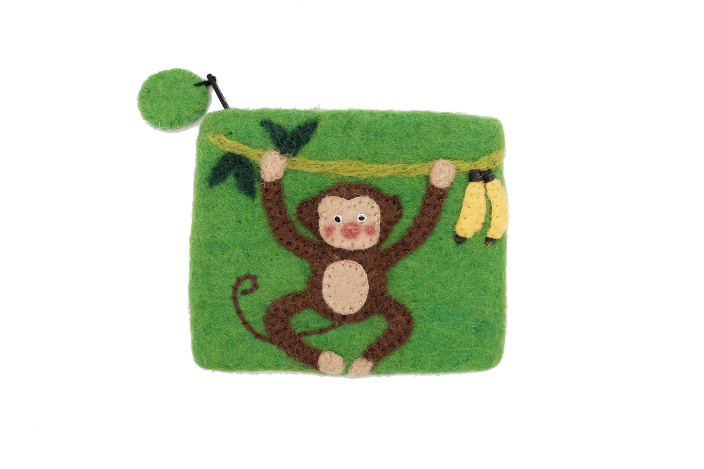 This Global Groove Life, handmade, ethical, fair trade, eco-friendly, sustainable, green felt zipper coin pouch was created by artisans in Kathmandu Nepal and is adorned with an adorable monkey and banana motif.