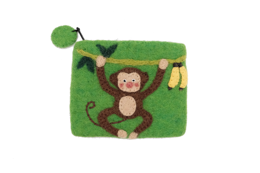 This Global Groove Life, handmade, ethical, fair trade, eco-friendly, sustainable, green felt zipper coin pouch was created by artisans in Kathmandu Nepal and is adorned with an adorable monkey and banana motif.