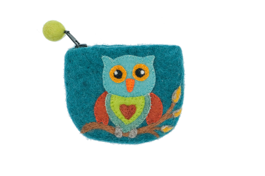 This Global Groove Life, handmade, ethical, fair trade, eco-friendly, sustainable, blue felt zipper coin pouch was created by artisans in Kathmandu Nepal and is adorned with an owl motif.