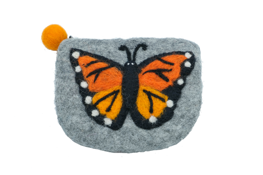 This Global Groove Life, handmade, ethical, fair trade, eco-friendly, sustainable, grey felt zipper coin pouch was created by artisans in Kathmandu Nepal and is adorned with an orange monarch butterfly motif.