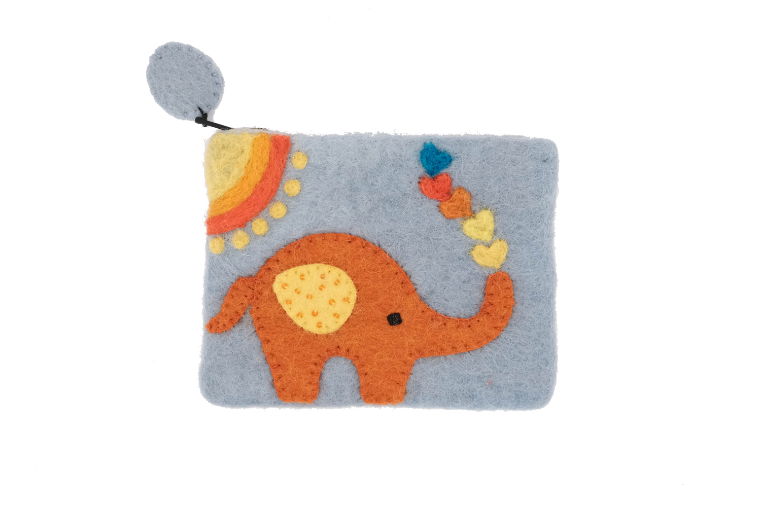 This Global Groove Life, handmade, ethical, fair trade, eco-friendly, sustainable, grey felt zipper coin pouch was created by artisans in Kathmandu Nepal and is adorned with an orange elephant with hearts and a sun motif.