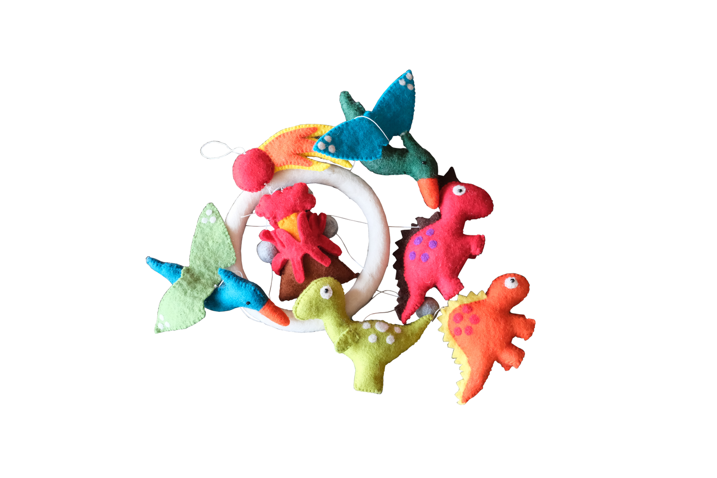 This Global Groove Life, handmade, ethical, fair trade, eco-friendly, sustainable, New Zealand wool felt, blue, red, orange, white & green, Colorful Dinosaur Felt Mobile with dinosaurs, pterodactyl, volcano and comet, was created by artisans in Kathmandu Nepal and will be a beautiful and fun addition to your hom