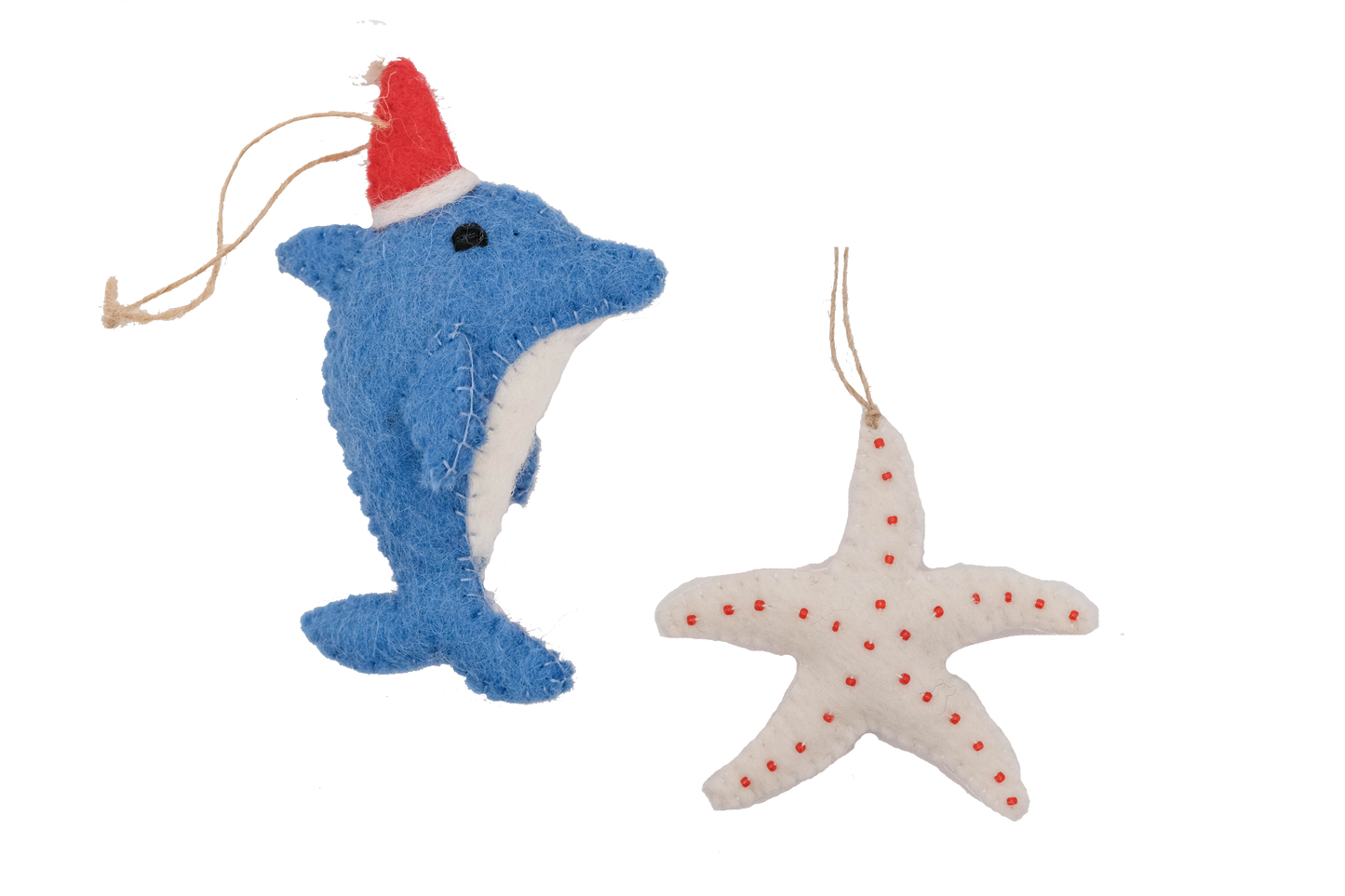 This Global Groove Life, handmade, ethical, fair trade, eco-friendly, sustainable, blue, white and red, felt Dolphin Santa with Starfish ornament set was created by artisans in Kathmandu Nepal and will be a beautiful addition to your Christmas tree this holiday season.