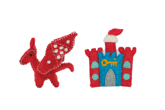 This Global Groove Life, handmade, ethical, fair trade, eco-friendly, sustainable, felt, red castle and dragon ornament set was created by artisans in Kathmandu Nepal and will be a beautiful and fun addition to your Christmas tree this holiday season.
