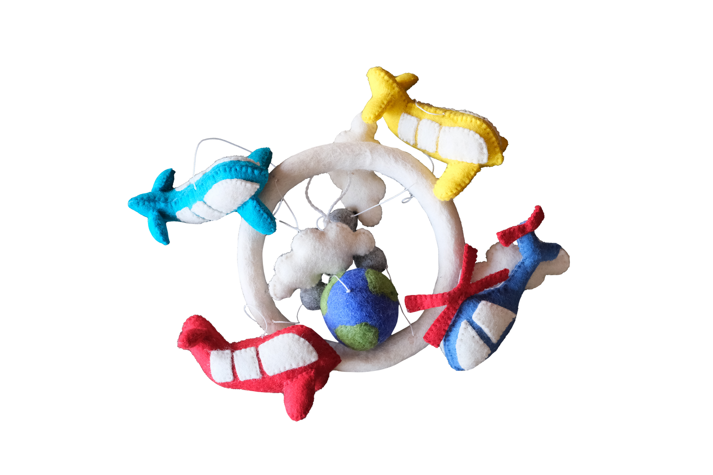 This Global Groove Life, handmade, ethical, fair trade, eco-friendly, sustainable, white, green, yellow, red, blue, New Zealand wool felt Global Groove Flight mobile, with planes and clouds and helicopter, was created by artisans in Kathmandu Nepal and will be a beautiful and fun addition to your home.