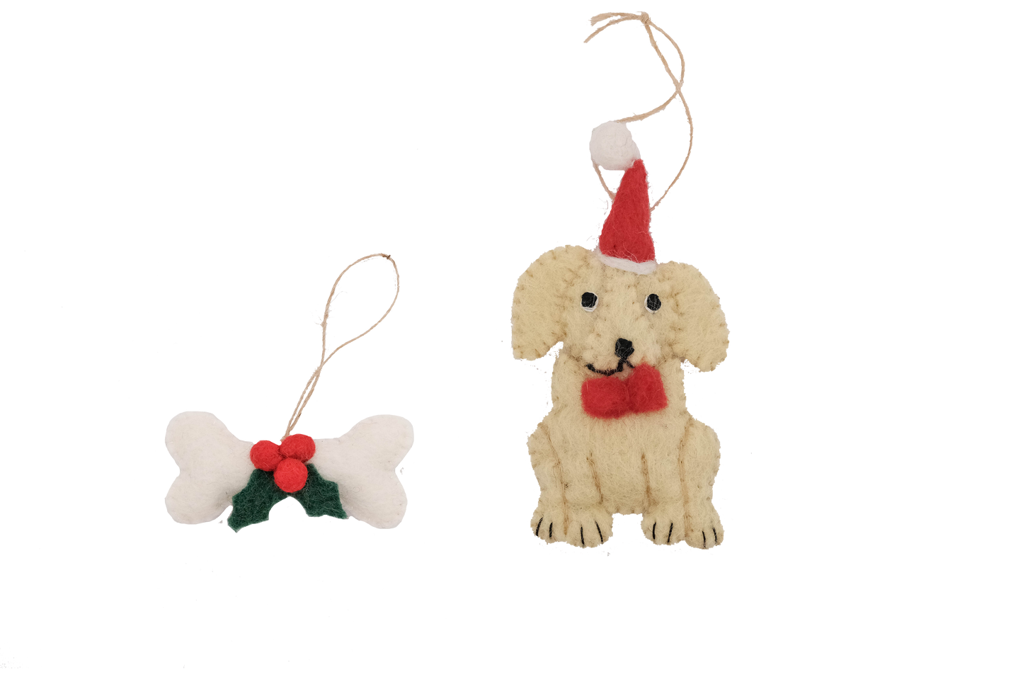 This Global Groove Life, handmade, ethical, fair trade, eco-friendly, sustainable, Golden Labrador Santa Dog with white, green and red bone treat ornament set was created by artisans in Kathmandu Nepal and will be a beautiful addition to your Christmas tree this holiday season.