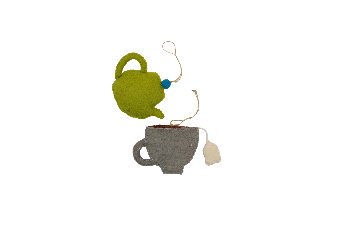 This Global Groove Life, handmade, ethical, fair trade, eco-friendly, sustainable, New Zealand wool felt, grey, blue & matcha green heart teapot and teacup ornament set was created by artisans in Kathmandu Nepal and will bring colorful warmth and fun to your Christmas tree this season.
