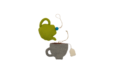 This Global Groove Life, handmade, ethical, fair trade, eco-friendly, sustainable, New Zealand wool felt, grey, blue & matcha green heart teapot and teacup ornament set was created by artisans in Kathmandu Nepal and will bring colorful warmth and fun to your Christmas tree this season.
