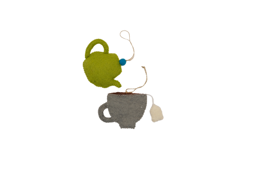 This Global Groove Life, handmade, ethical, fair trade, eco-friendly, sustainable, New Zealand wool felt, grey, blue & matcha green heart teapot and teacup ornament set was created by artisans in Kathmandu Nepal and will bring colorful warmth and fun to your Christmas tree this season.
