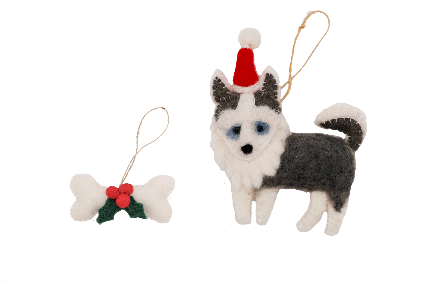 This Global Groove Life, handmade, ethical, fair trade, eco-friendly, sustainable, white and grey Husky Sant Dog with white, green and red bone treat ornament set was created by artisans in Kathmandu Nepal and will be a beautiful addition to your Christmas tree this holiday season.
