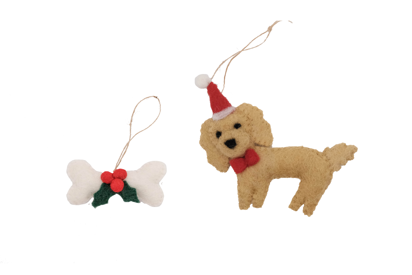 This Global Groove Life, handmade, ethical, fair trade, eco-friendly, sustainable, Labradoodle Santa Dog with white, green and red bone treat ornament set was created by artisans in Kathmandu Nepal and will be a beautiful addition to your Christmas tree this holiday season.