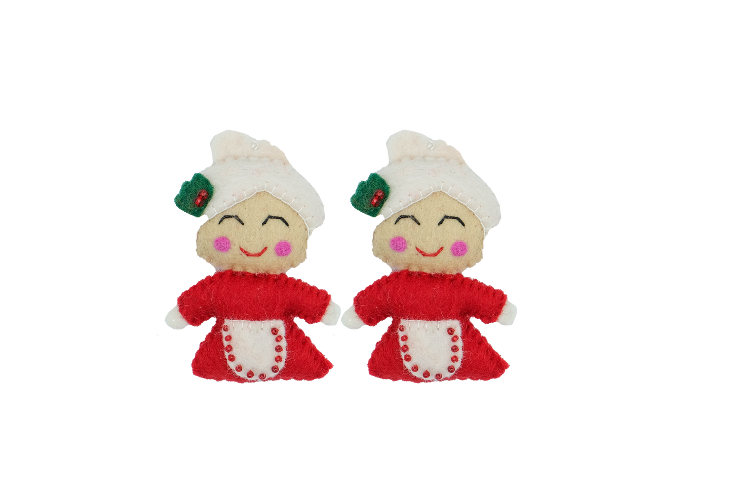This Global Groove Life, handmade, ethical, fair trade, eco-friendly, sustainable, felt, red and white Mrs. Claus ornament set was created by artisans in Kathmandu Nepal and will bring colorful warmth and fun to your Christmas tree this season.