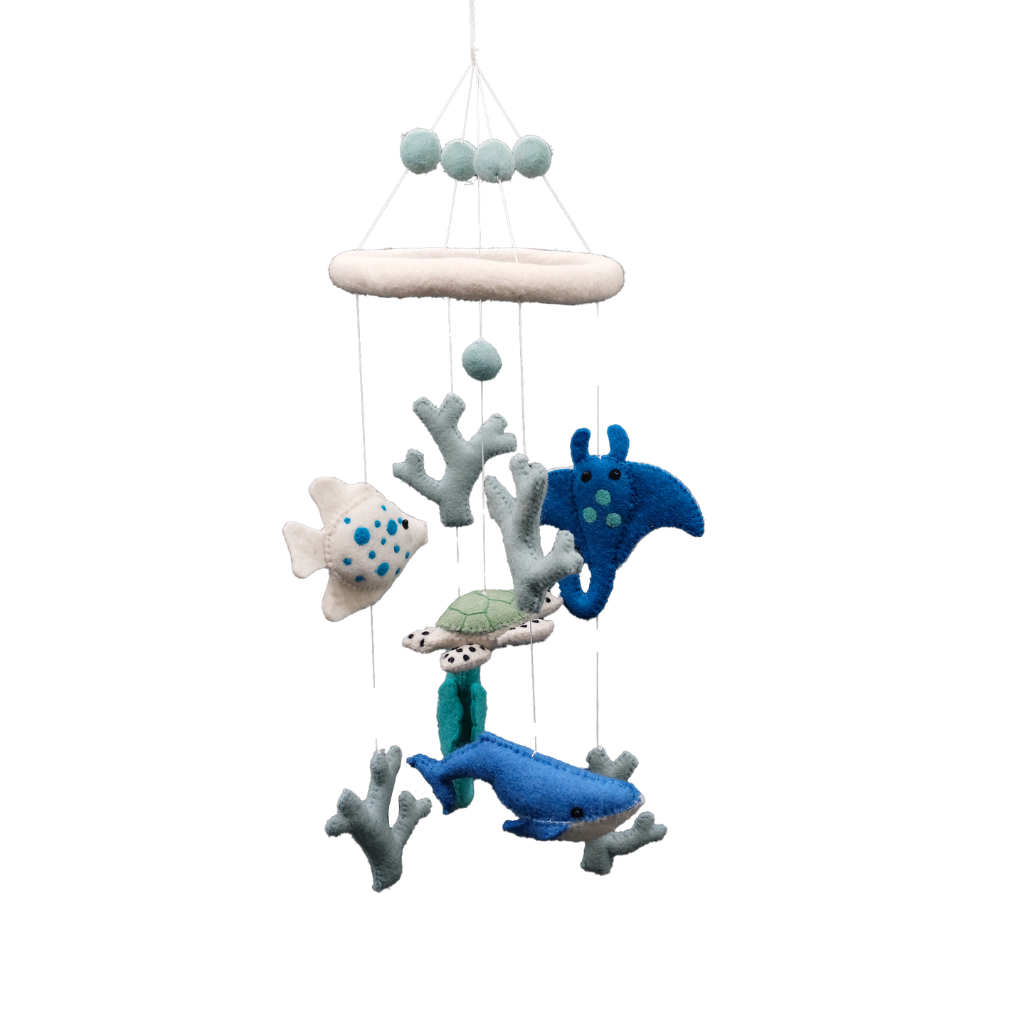 This Global Groove Life, handmade, ethical, fair trade, eco-friendly, sustainable, white, green, yellow, red, blue, New Zealand wool felt blue, grey, white & green, Ocean Friends Mobile, was created by artisans in Kathmandu Nepal and will be a beautiful and fun addition to your home.