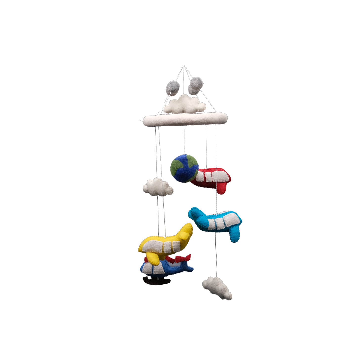 This Global Groove Life, handmade, ethical, fair trade, eco-friendly, sustainable, white, green, yellow, red, blue, New Zealand wool felt Global Groove Flight mobile, with planes and clouds and helicopter, was created by artisans in Kathmandu Nepal and will be a beautiful and fun addition to your home.