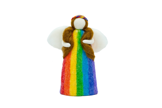 This Global Groove Life, handmade, ethical, fair trade, eco-friendly, sustainable, felt, rainbow angel tree topper, was created by artisans in Kathmandu Nepal and will be a brilliantly beautiful addition to your Christmas tree this holiday season.