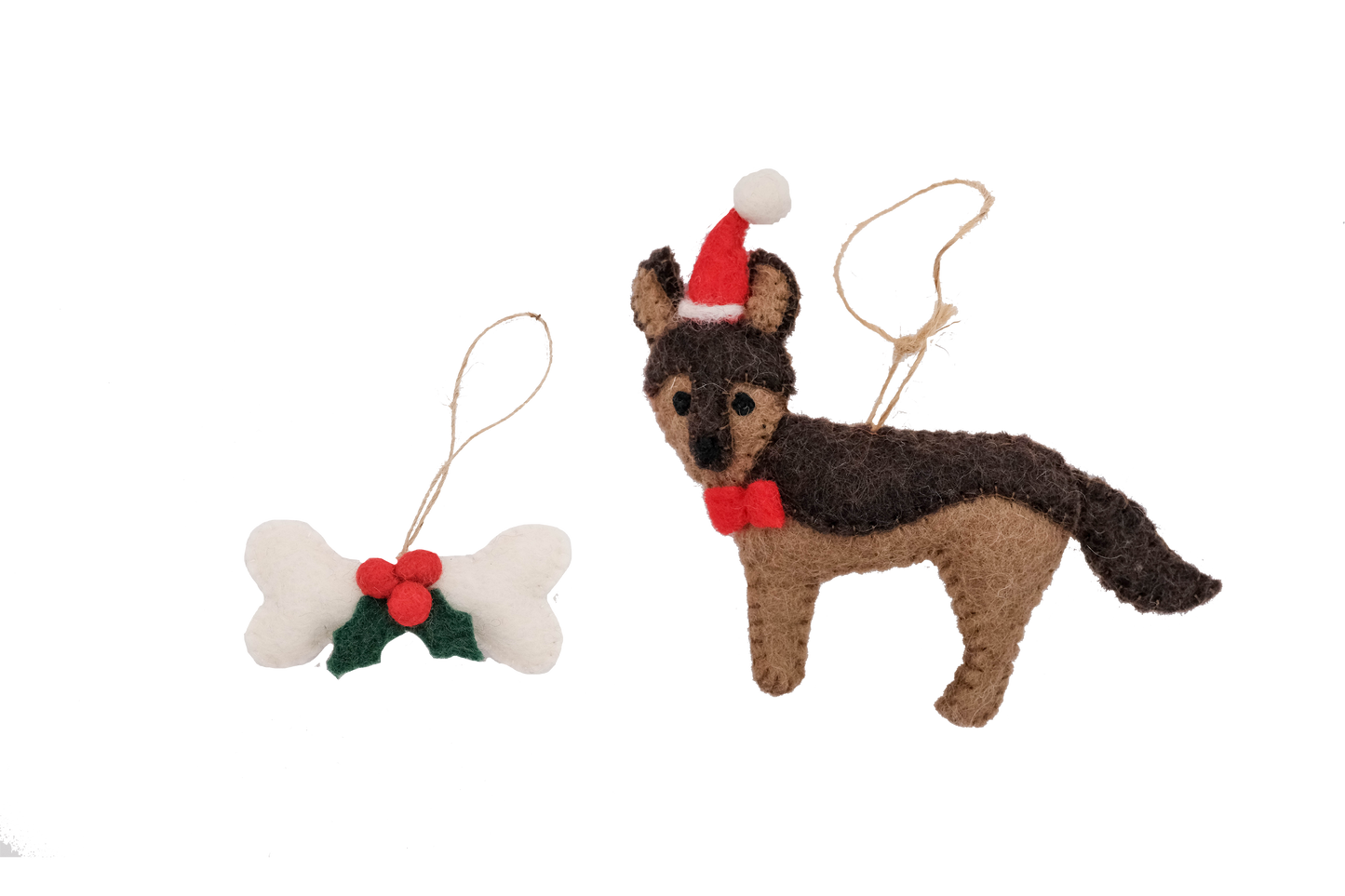This Global Groove Life, handmade, ethical, fair trade, eco-friendly, sustainable, brown, German Shepard Santa Dog with white, green and red bone treat ornament set was created by artisans in Kathmandu Nepal and will be a beautiful addition to your Christmas tree this holiday season.