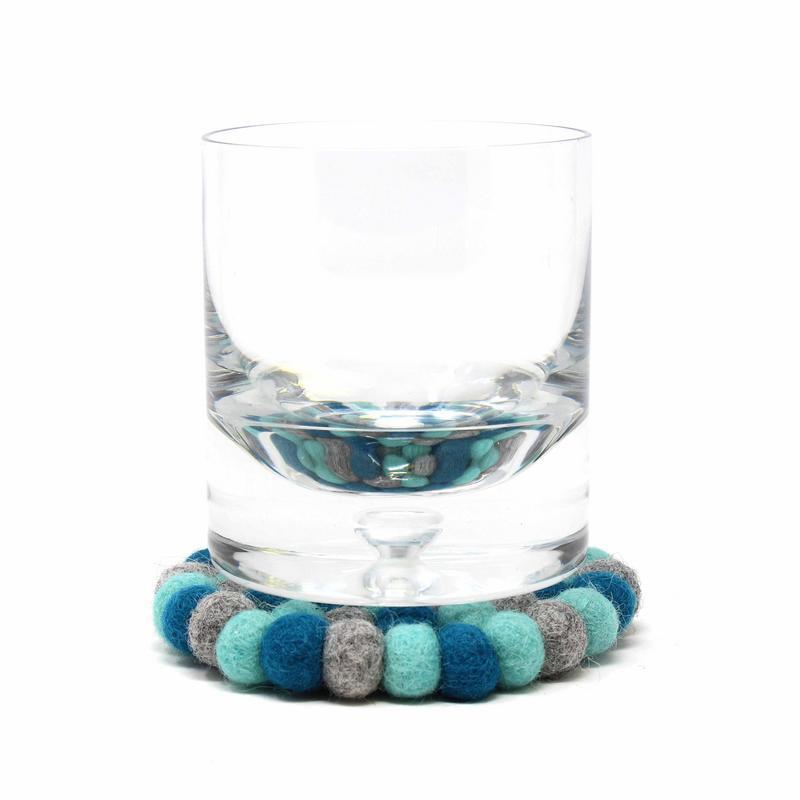 Hand Crafted Felt Ball Coasters from Nepal: 4-pack, Chakra Light Blues - Global Groove (T) - Global Groove Life