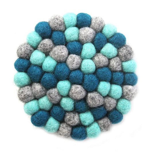 Hand Crafted Felt Ball Coasters from Nepal: 4-pack, Chakra Light Blues - Global Groove (T) - Global Groove Life