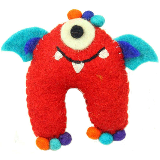 This Global Groove Life, handmade, ethical, fair trade, eco-friendly, sustainable, red and turquoise tooth fairy monster, was created by artisans in Kathmandu Nepal and is adorned with an adorable winged monster motif.