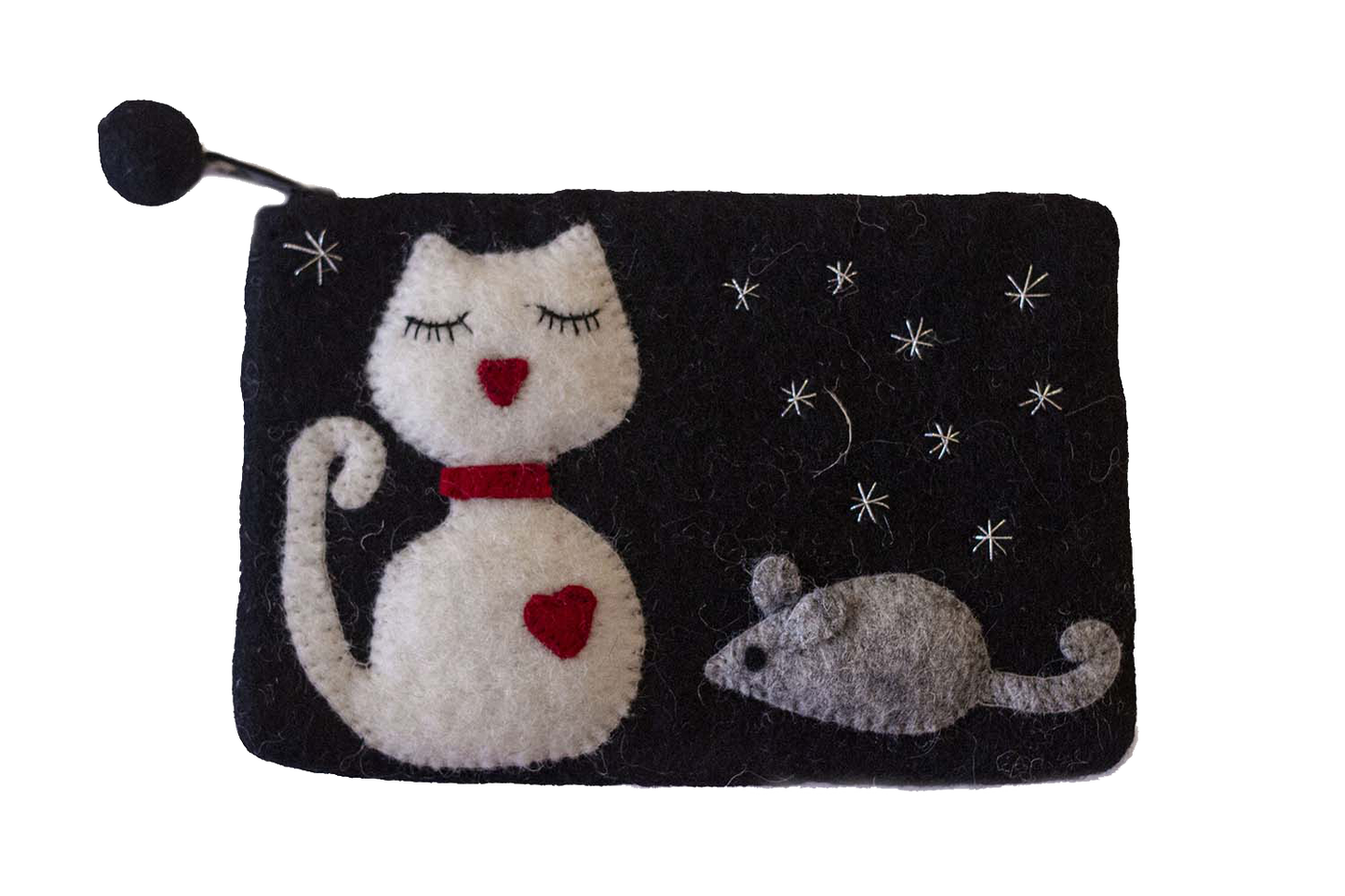 This Global Groove Life, handmade, ethical, fair trade, eco-friendly, sustainable, black felt zipper coin pouch was created by artisans in Kathmandu Nepal and is adorned with an adorable red heart kitty and mouse with stars motif.