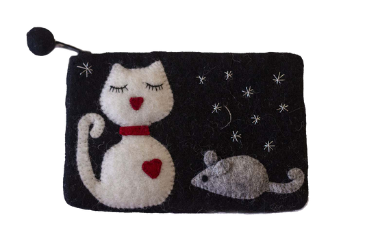 This Global Groove Life, handmade, ethical, fair trade, eco-friendly, sustainable, black felt zipper coin pouch was created by artisans in Kathmandu Nepal and is adorned with an adorable red heart kitty and mouse with stars motif.
