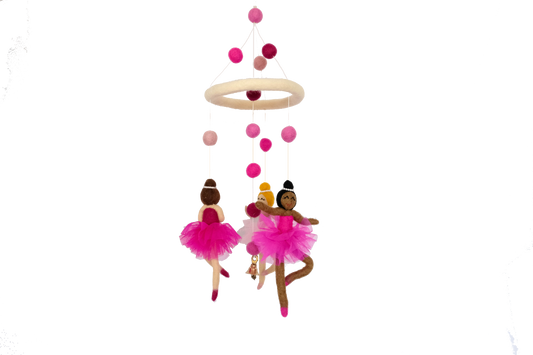 This Global Groove Life, handmade, ethical, fair trade, eco-friendly, sustainable, pink & white New Zealand wool felt International Dance School of Ballet mobile, was created by artisans in Kathmandu Nepal and will be a beautiful and fun addition to your home.