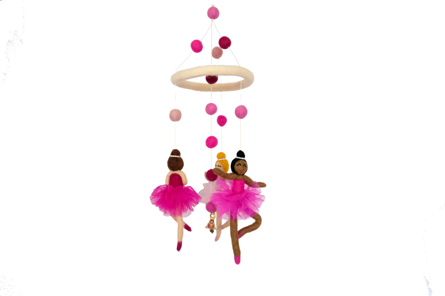 This Global Groove Life, handmade, ethical, fair trade, eco-friendly, sustainable, pink & white New Zealand wool felt International Dance School of Ballet mobile, was created by artisans in Kathmandu Nepal and will be a beautiful and fun addition to your home.