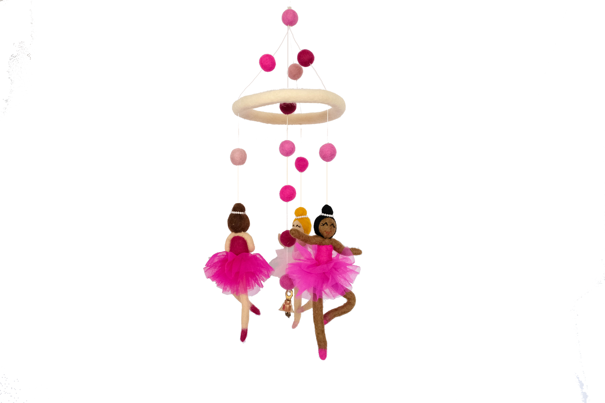 This Global Groove Life, handmade, ethical, fair trade, eco-friendly, sustainable, pink & white New Zealand wool felt International Dance School of Ballet mobile, was created by artisans in Kathmandu Nepal and will be a beautiful and fun addition to your home.