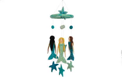 This Global Groove Life, handmade, ethical, fair trade, eco-friendly, sustainable, teal, aqua, ocean blue, New Zealand wool felt mobile, was created by artisans in Kathmandu Nepal and will be a beautiful and fun addition to your home.