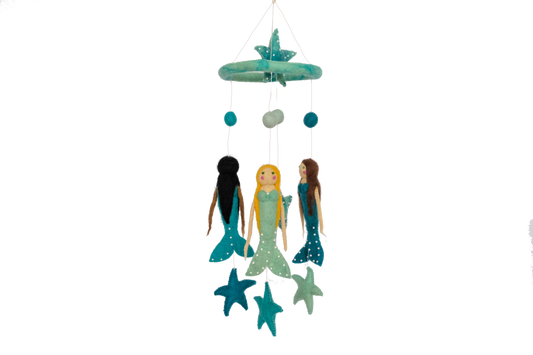 This Global Groove Life, handmade, ethical, fair trade, eco-friendly, sustainable, teal, aqua, ocean blue, New Zealand wool felt mobile, was created by artisans in Kathmandu Nepal and will be a beautiful and fun addition to your home.