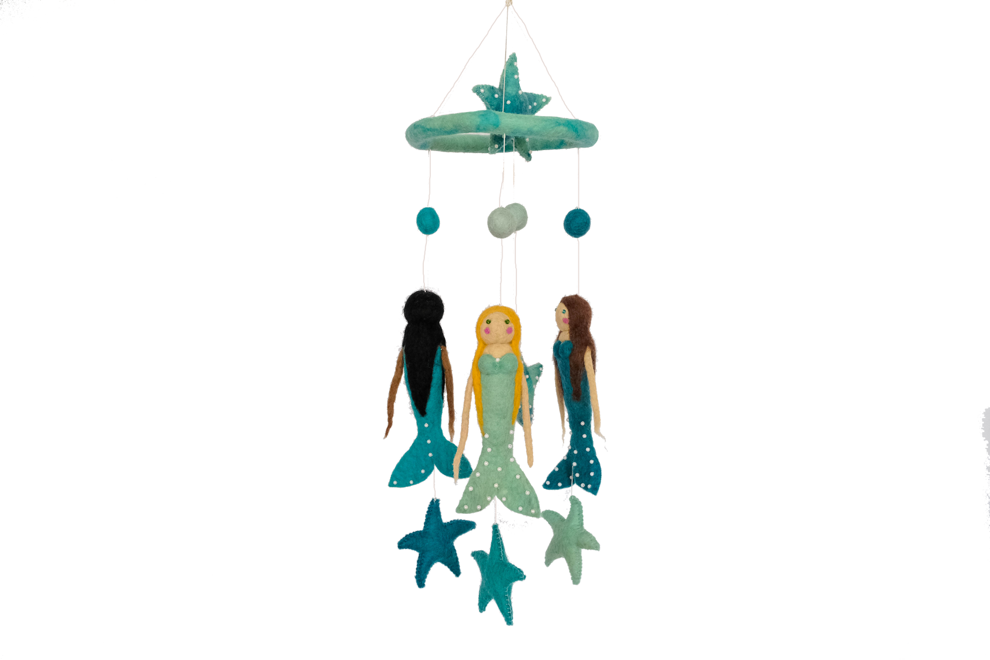 This Global Groove Life, handmade, ethical, fair trade, eco-friendly, sustainable, teal, aqua, ocean blue, New Zealand wool felt mobile, was created by artisans in Kathmandu Nepal and will be a beautiful and fun addition to your home.