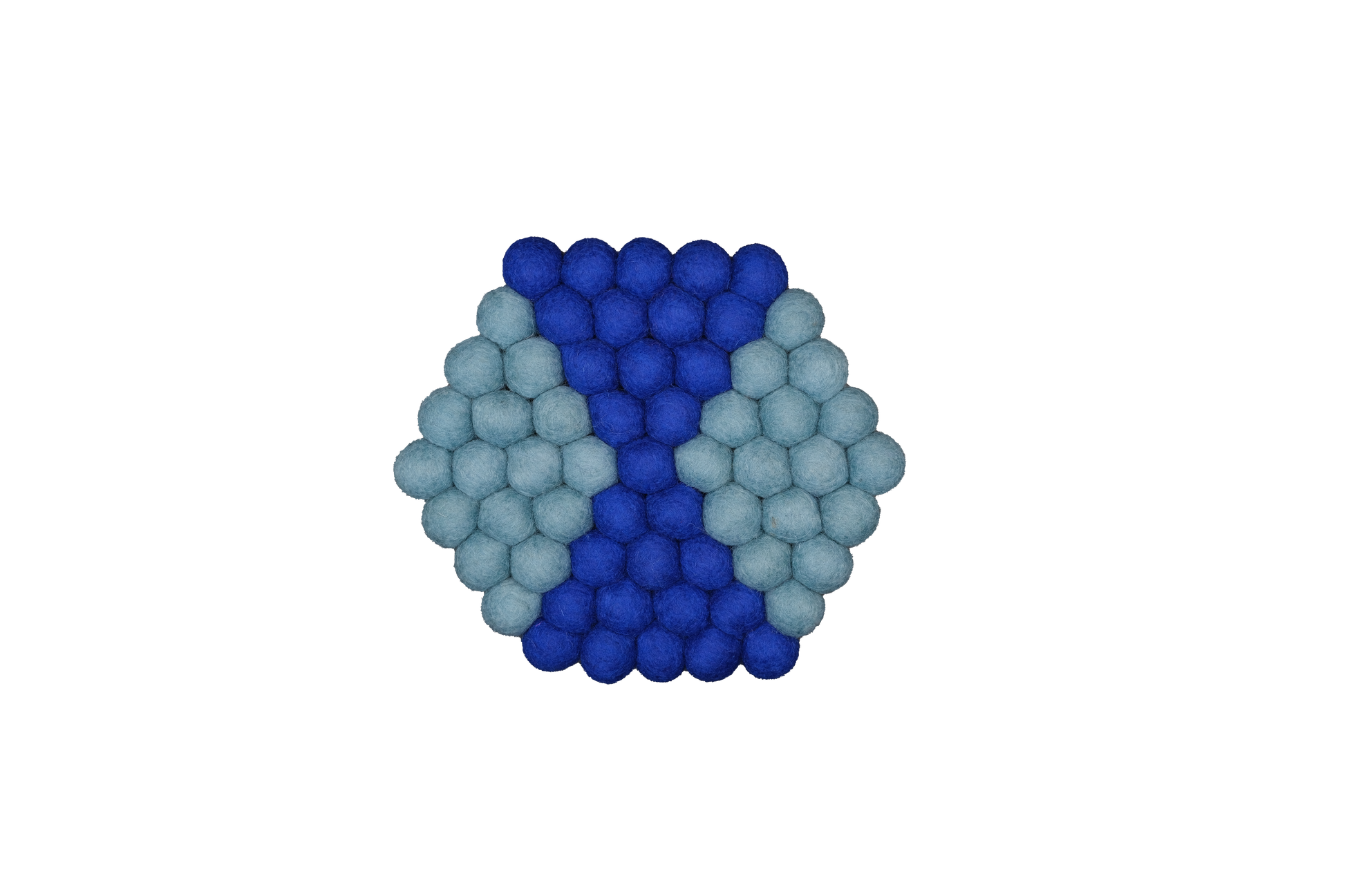 This Global Groove Life, handmade, ethical, fair trade, eco-friendly, sustainable, blue 100% New Zealand hexagonal wool felt trivet was created by artisans in Kathmandu Nepal and will bring colorful warmth and functionality to your table top.
