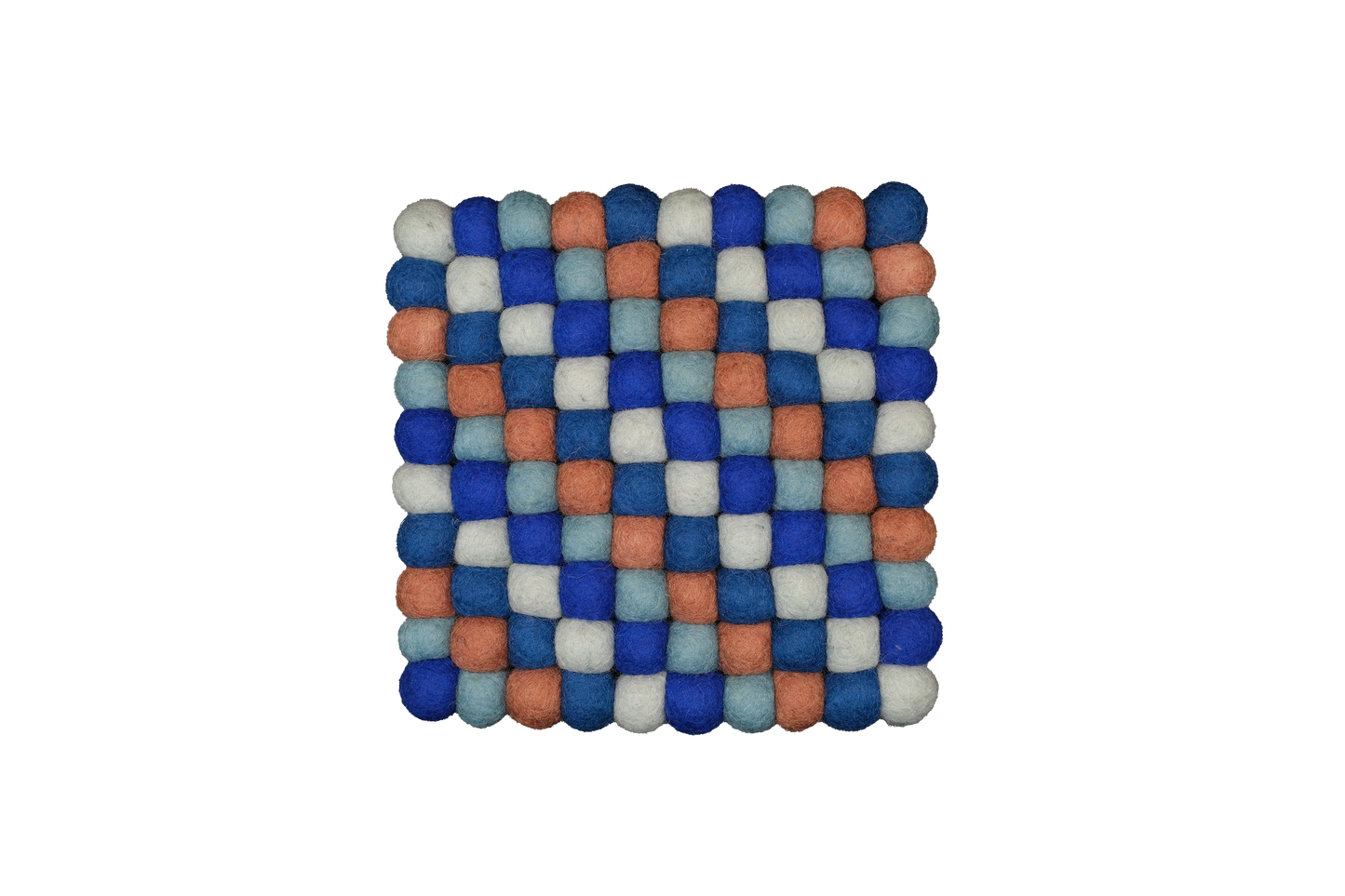 This Global Groove Life, handmade, ethical, fair trade, eco-friendly, sustainable, terra-cotta /clay, blue & white 100% New Zealand wool felt trivet was created by artisans in Kathmandu Nepal and will bring colorful warmth and functionality to your table top.